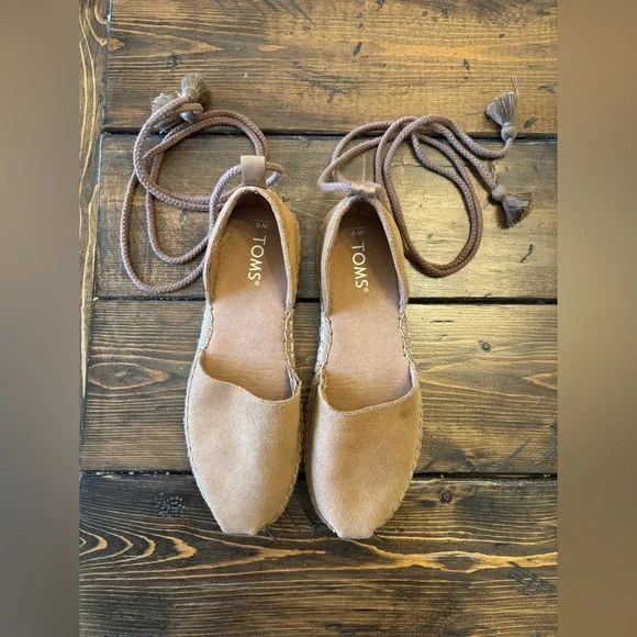 TOMS Women's Tan Katalina Espadrille Shoes with Tie-Up Straps Size 9 - Picture 1 of 10